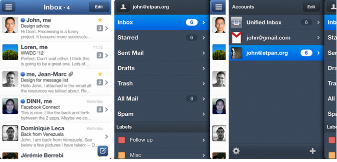 Sparrow iPhone inbox slide to accounts