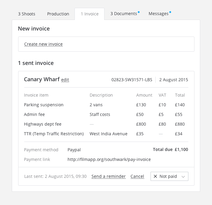 FilmApp tabbed UI invoices