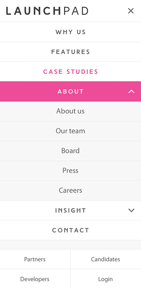 LaunchPad Recruits Mobile Responsive Website Menu