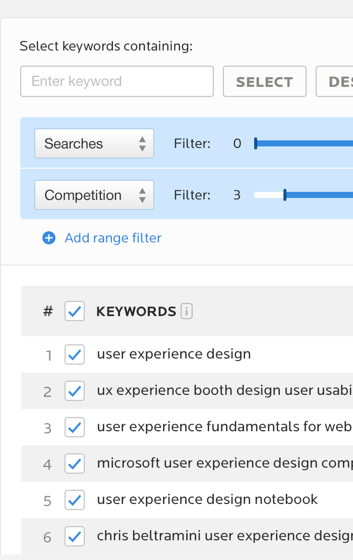 Wordtracker research tool UI closeup with filters open