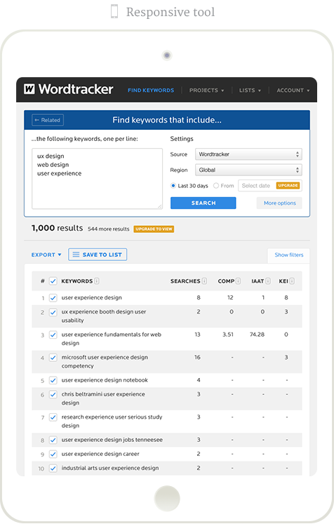 Wordtracker research tool main interface, responsive on iPad