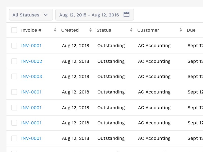 controls to filter the table data