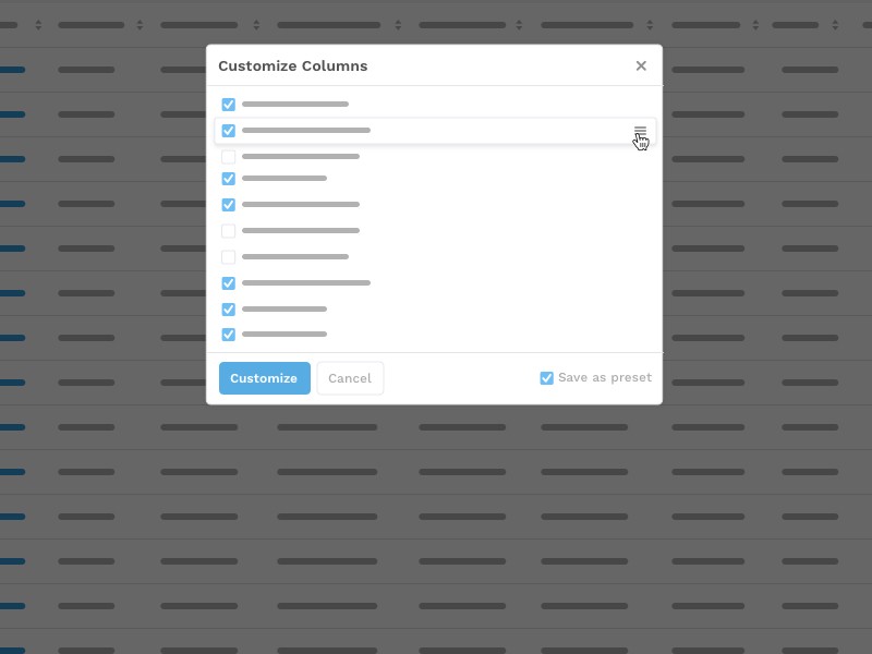 Add controls to allow users to turn on/off table columns to create a customised view