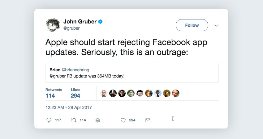 John Gruber replying to Facebook app weight tweet