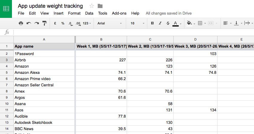 Spreadsheet tracking app update weight over 6 weeks